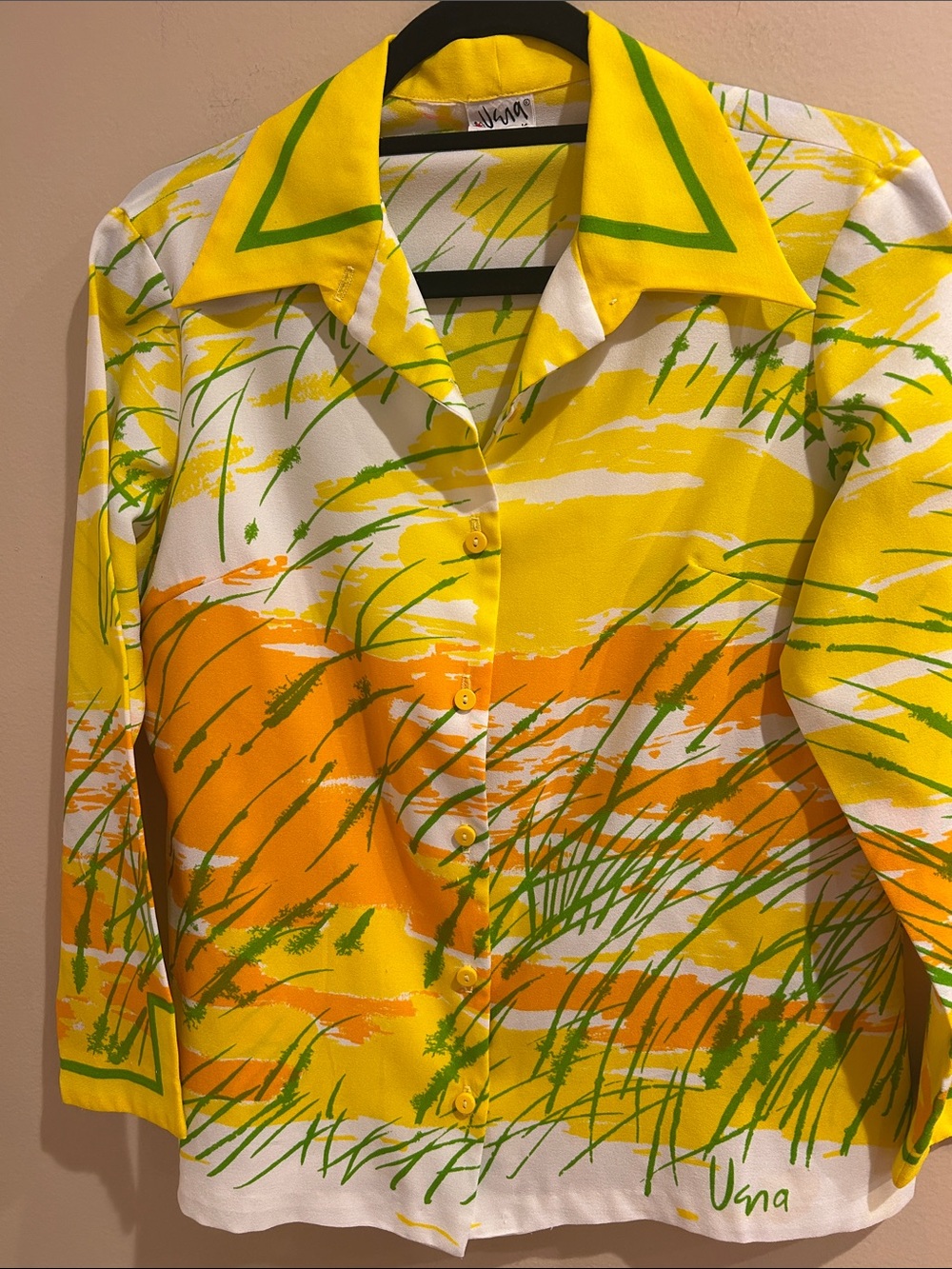 Vintage 1960’s Vera Yellow, Orange & Green Printed Button-Up Blouse